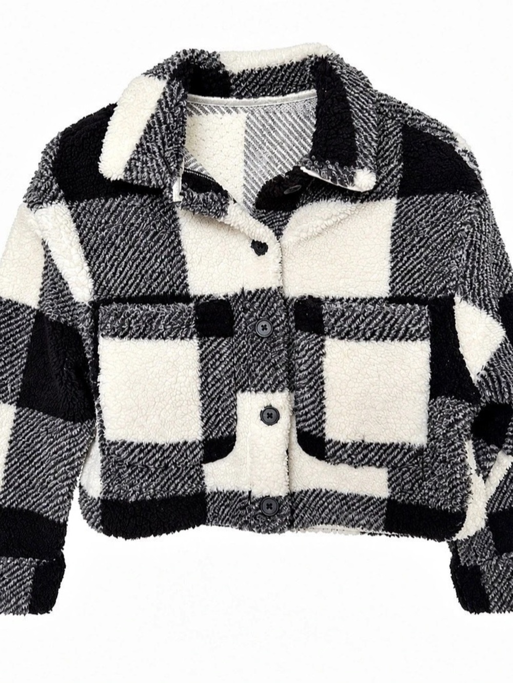 George Kids Size 8 Black White Plaid Sherpa Teddy Shacket Jacket